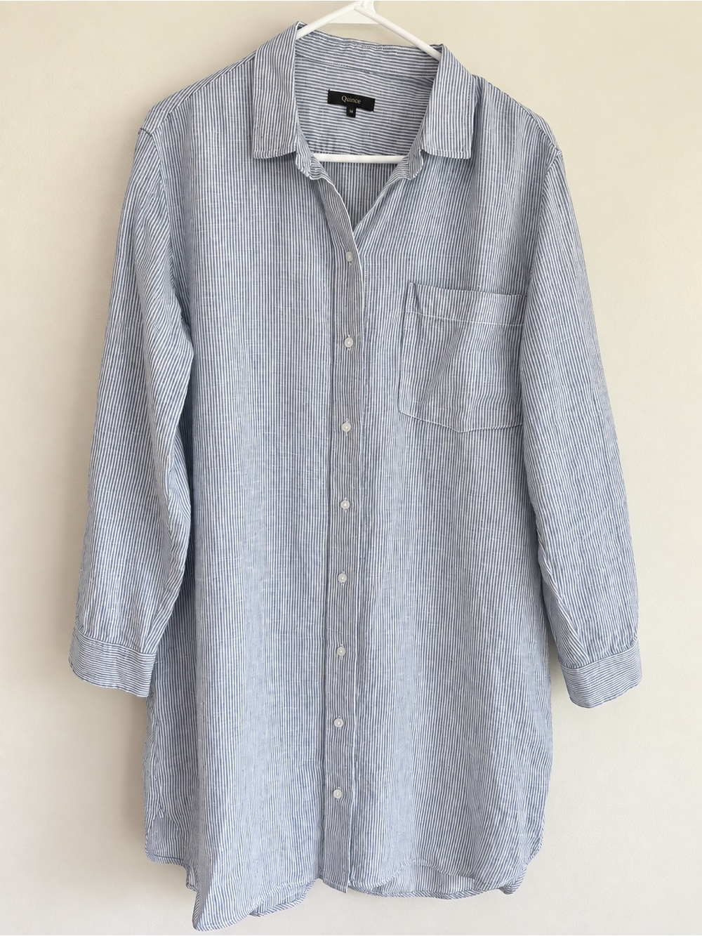 Quince European Linen Shirt Dress in Blue Pinstripe, New without tags